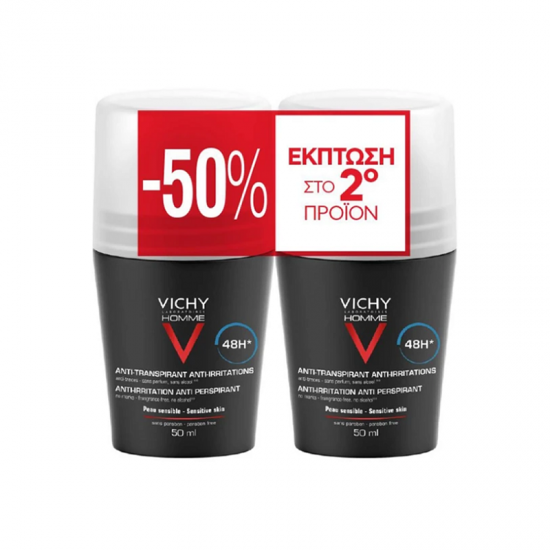 Vichy Deodorant Homme Anti-Irritation 48h Roll-On Ανδρικό Αποσμητικό για Ευαίσθητες Επιδερμίδες 2x50ml (-50% στο 2ο προϊόν)
