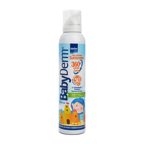 Intermed BabyDerm Sunscreen 360° Cream Spray SPF50+ 200ml – Αδιάβροχο Βρεφικό Αντηλιακό Σπρέι για Πρόσωπο & Σώμα με Υαλουρονικό & Βιταμίνη Ε