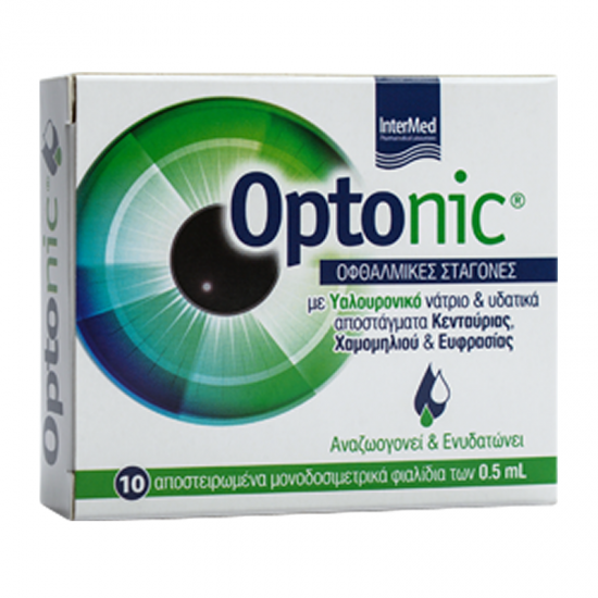 Intermed Optonic Eye Drops Οφθαλμικές Σταγόνες για Ενυδάτωση, Λίπανση, Επούλωση & Ανακούφιση των Οφθαλμών με Υαλουρονικό Οξύ 0,5ml x 10τμχ