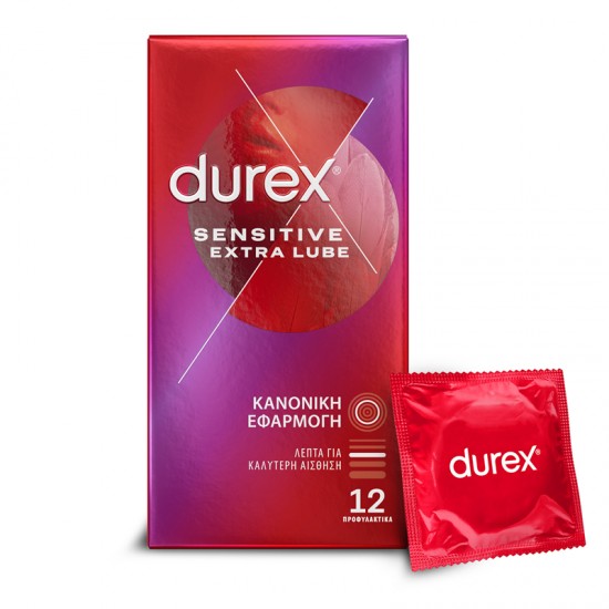 Durex Sensitive Extra Lube Προφυλακτικά Λεπτά με Έξτρα Λιπαντικό και Κανονική Eφαρμοργή 12 τεμάχια