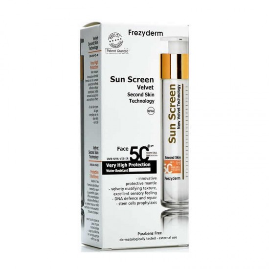 Frezyderm SunScreen Velvet Second Skin Face Cream SPF50+ Αντηλιακή Κρέμα Προσώπου για Ματ Αποτέλεσμα με Βελούδινη Υφή 50ml