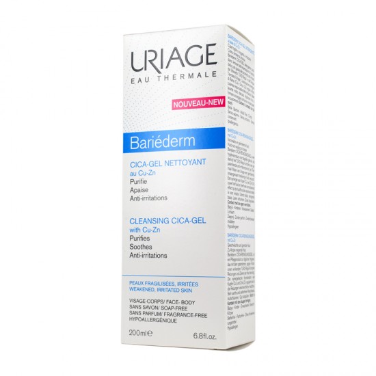 Uriage Bariederm Cica-Gel Nettoyant (Cleansing Cica-Gel) with Copper-Zinc 200ml - Τζελ Καθαρισμού Προσωπού με Χαλκό και Ψευδάργυρο για Ευαίσθητες & Ερεθισμένες Επιδερμίδες	