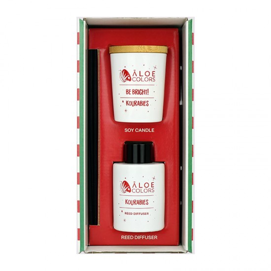 Aloe Colors Promo Kourabies Home Set Reed Diffuser + Scented Soy Candle - Σετ Δώρου για το Σπίτι με Αρωματικό Χώρου και Κερί Σόγιας με Άρωμα που Θυμίζει Κουραμπιέ