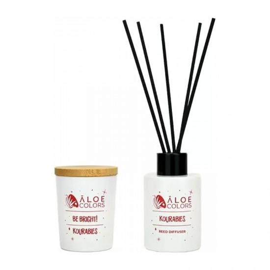 Aloe Colors Promo Kourabies Home Set Reed Diffuser + Scented Soy Candle - Σετ Δώρου για το Σπίτι με Αρωματικό Χώρου και Κερί Σόγιας με Άρωμα που Θυμίζει Κουραμπιέ
