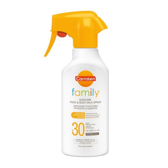 Carroten Family Suncare Face & Body Milk Spray SPF30 300ml - Αντηλιακό Γαλάκτωμα σε Σπρέι Προσώπου & Σώματος για Ενήλικες και Παιδιά άνω των 3 ετών