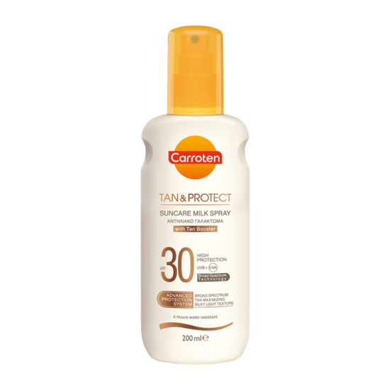 Carroten Tan & Protect Suncare Milk Spray with Tan Booster SPF30 200ml - Αντηλιακό Γαλάκτωμα σε Σπρέι με Ανάλαφρη, μη Λιπαρή Υφή για Μεγιστοποίηση Μαυρίσματος