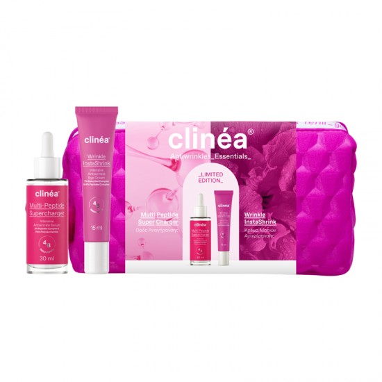 Clinea Limited Edition Gift Set AntiWrinkle Essentials με Νεσεσέρ & Serum Multipeptide Super Charger 30ml & Κρέμα Ματιών Wrinkle InstaShrink 15ml