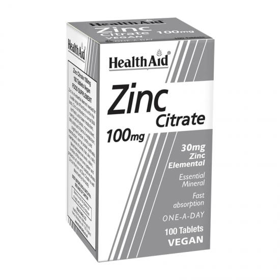 Health Aid Zinc Citrate 100mg Συμπλήρωμα Κιτρικού Ψευδαργύρου 100 Δισκία