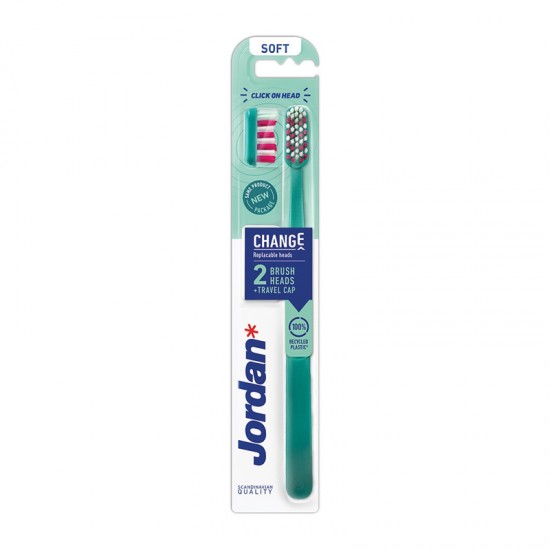 Jordan Change Toothbrush Soft Green Μαλακή Οδοντόβουρτσα με 2 Κεφαλές και Καπάκι Ταξιδίου Πράσινη 1 Τεμάχιο