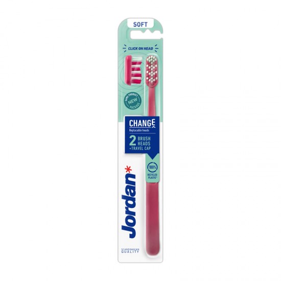 Jordan Change Toothbrush Soft Red Μαλακή Οδοντόβουρτσα με 2 Κεφαλές και Καπάκι Ταξιδίου Κόκκινη 1 Τεμάχιο