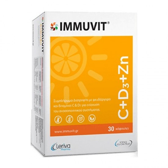 Leriva Immuvit Vitamin C+D3+Zn Συμπλήρωμα για Ανοσοποιητικό, Πρόληψη Ιώσεων & Κρυολογήματος 30 Κάψουλες