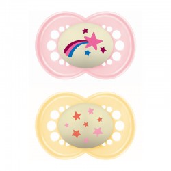 MAM Πιπίλα Σιλικόνης Original Night 16+ μηνών Χρώμα Ροζ & Κίτρινο 2τμχ