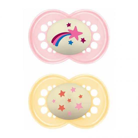 MAM Πιπίλα Σιλικόνης Original Night 16+ μηνών Χρώμα Ροζ & Κίτρινο 2τμχ