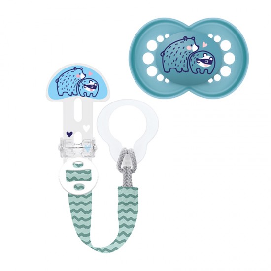 MAM Πιπίλα Σιλικόνης Original 6-16 μηνών Μπλε & Clip it! Σετ 1τμχ