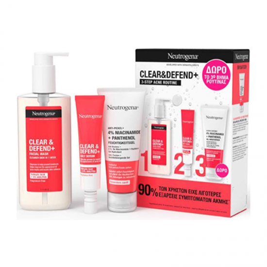 Neutrogena Clear & Defend+ Promo 3 Steps Acne Routine Πακέτο με Facial Wash 200ml + Daily Serum 30ml + Gel Moisuriser 50ml