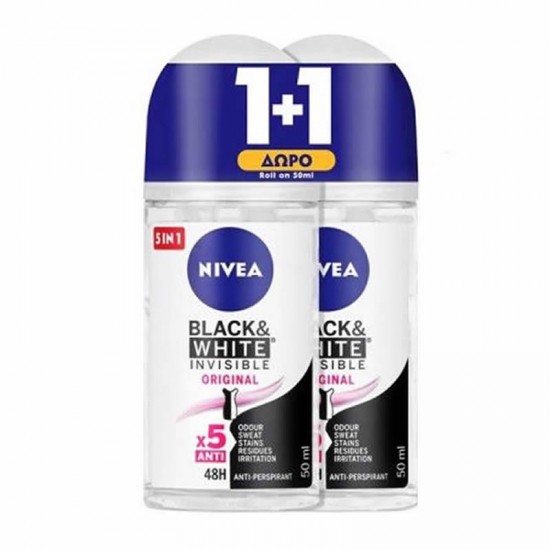 Nivea Deodorant Roll On Invisible Black & White Original 48h 1+1 ΔΩΡΟ 2x50ml