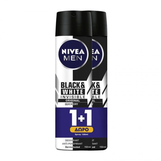 Nivea Deodorant Spray Men Black & White Invisible Original Anti-Perspirant 48h 1+1 ΔΩΡΟ 2x150ml