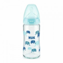 Nuk First Choice+ Temperature Control 0-6m Γυάλινο Μπιμπερό με Θηλή Σιλικόνης Μεσαία Οπή Μπλε Ελεφαντάκια 240ml