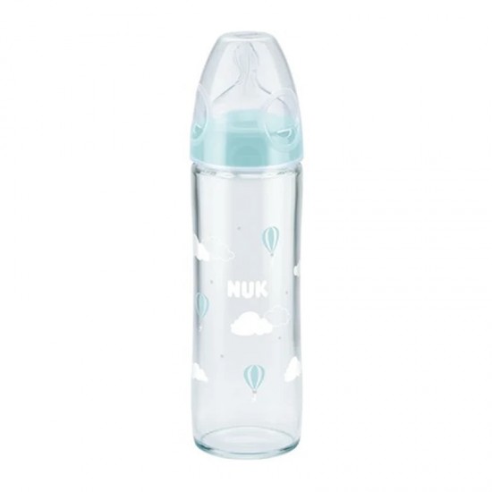 Nuk New Classic Γυάλινο Μπιμπερό 0-6 Μηνών Στενή Φιάλη Θηλή Σιλικόνης Μ Μπλε 240ml