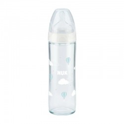 Nuk New Classic Γυάλινο Μπιμπερό 0-6 Μηνών Στενή Φιάλη Θηλή Σιλικόνης Μ Λευκό 240ml