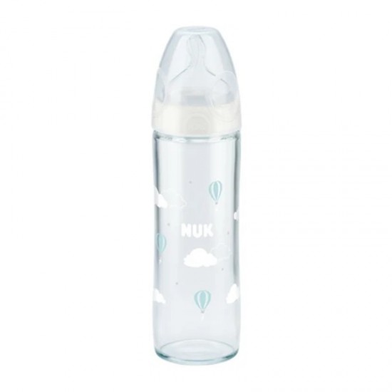Nuk New Classic Γυάλινο Μπιμπερό 0-6 Μηνών Στενή Φιάλη Θηλή Σιλικόνης Μ Λευκό 240ml