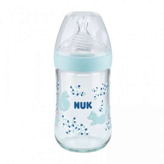 NUK Nature Sense Μπιμπερό Γυάλινο με Δείκτη Ελέγχου Θερμοκρασίας & Θηλή Σιλικόνης Μεσαίας Ροής Μπλε 150ml