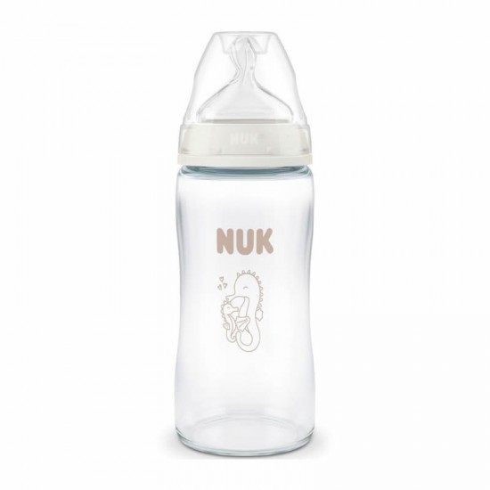 NUK First Choice Γυάλινο Μπιμπερό κατά των Κολικών με Θηλή Σιλικόνης Μεσαίας Ροής 3m+ Λευκό 240ml