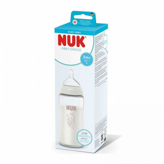 NUK First Choice Γυάλινο Μπιμπερό κατά των Κολικών με Θηλή Σιλικόνης Μεσαίας Ροής 3m+ Λευκό 240ml