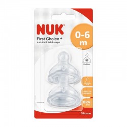 NUK First Choice Plus Θηλή Σιλικόνης Κατά των Κολικών 0-6 μηνών Μεσαία Οπή 2τμχ