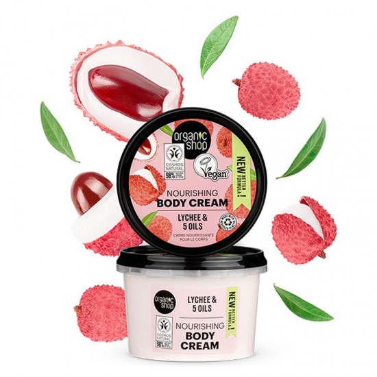 Organic Shop Body Cream Organic Pink Lychee & 5 Oils Ενυδατική Κρέμα Σώματος Ενυδάτωσης με Λίτσι & 5 Έλαια 250ml