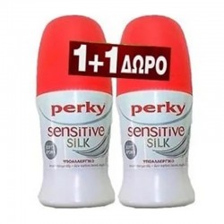 Perky Deodorant Roll-On Sensitive Unscented Άοσμο Αποσμητικό Αντιιδρωτικό Ρολάκι για Ευαίσθητο Δέρμα με Πρωτεΐνες Μεταξιού 2x50ml (1+1 ΔΩΡΟ)