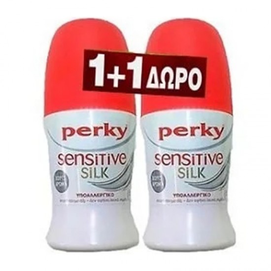 Perky Deodorant Roll-On Sensitive Unscented Άοσμο Αποσμητικό Αντιιδρωτικό Ρολάκι για Ευαίσθητο Δέρμα με Πρωτεΐνες Μεταξιού 2x50ml (1+1 ΔΩΡΟ)