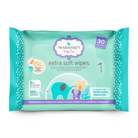 Pharmasept Baby Care Extra Soft Wipes Απαλά Βιοδιασπώμενα Μαντηλάκια Καθαρισμού Προσώπου & Χεριών 30 Τεμάχια