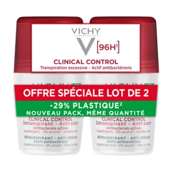 Vichy Deodorant Roll-On 96h Clinical Control Detranspirant Anti-Odour Αποσμητικό Ρολό με 96ωρη Προστασία κατά των Οσμών & Πολύ Έντονης Εφίδρωσης για Ευαίσθητο Δέρμα 2x50ml (-50% στο 2ο προϊόν)