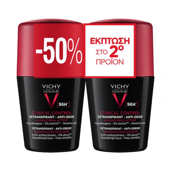 Vichy Deodorant Homme Clinical Control Detranspirant & Anti-Odor Roll-On 96h Ανδρικό Αποσμητικό κατά της Πολύ Έντονης Εφίδρωσης 2x50ml (-50% στο 2ο προϊόν)