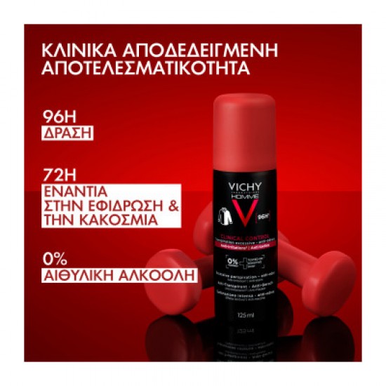 Vichy Deodorant Homme Clinical Control 96h Spray Ανδρικό Αποσμητικό Σπρέι κατά των Οσμών, Ερεθισμών & Λεκέδων 125ml