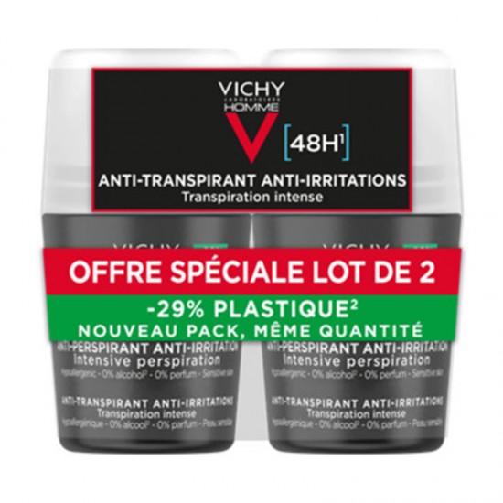 Vichy Deodorant Roll-On Homme 48h Sensitive Ανδρικό Αποσμητικό Ρολό με 48ωρη Προστασία για Ευαίσθητο Δέρμα 2x50ml (-50% στο 2ο προϊόν)