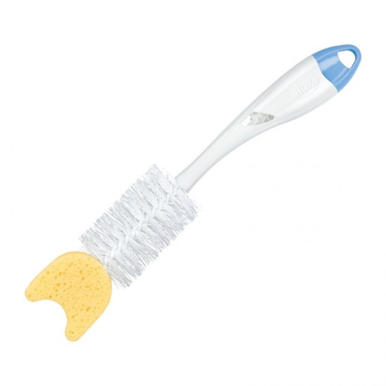 NUK Βούρτσα Καθαρισμού Μπιμπερό 2 σε 1 με Σφουγγαράκι Μπλε Λαβή 1 Τεμάχιο