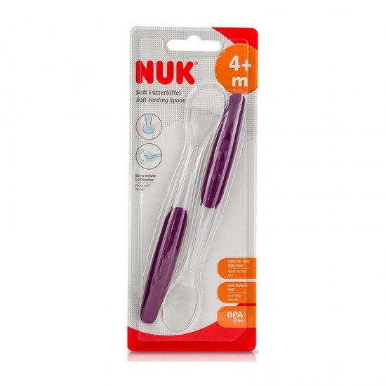 NUK Soft Feeding Spoon Κουταλάκι Τροφής Μαλακό από Σιλικόνη 4+μηνών σε χρώμα Μωβ, 2 τμχ