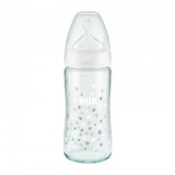 Nuk First Choice+ Temperature Control 0-6m Γυάλινο Μπιμπερό με Θηλή Σιλικόνης Μεσαίας Οπής Γκρι Αστεράκια 240ml