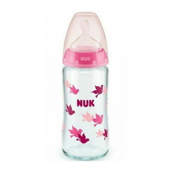 Nuk First Choice+ Temperature Control 0-6m Γυάλινο Μπιμπερό με Θηλή Σιλικόνης Μεσαία Οπή Ροζ Πουλάκια 240ml	