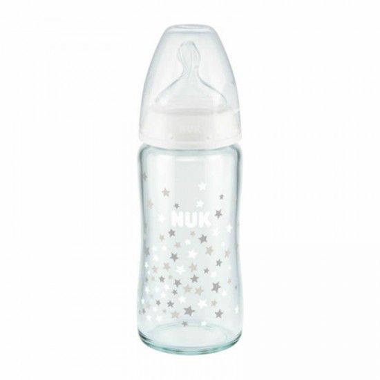 Nuk First Choice+ Temperature Control 0-6m Γυάλινο Μπιμπερό με Θηλή Σιλικόνης Μεσαία Οπή Λευκά Αστεράκια 240ml	
