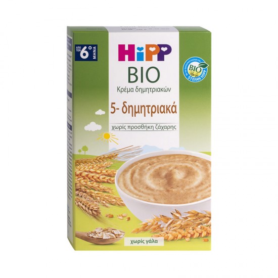 HiPP Bio Κρέμα Δημητριακών με 5 Δημητριακά χωρίς Γάλα και Προσθήκης Ζάχαρης για Μωρά από τον 6ο Μήνα 200g