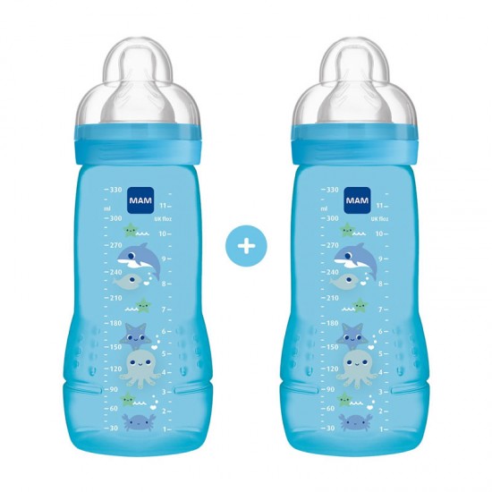 MAM Μπιμπερό Πλαστικό Easy Active 4+ μηνών με Θηλή Σιλικόνης No3 Χρώμα Μπλε 330ml 2τμχ