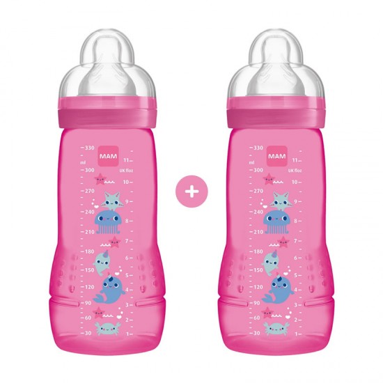 MAM Μπιμπερό Πλαστικό Easy Active 4+ μηνών με Θηλή Σιλικόνης No3 Χρώμα Ροζ 330ml 2τμχ