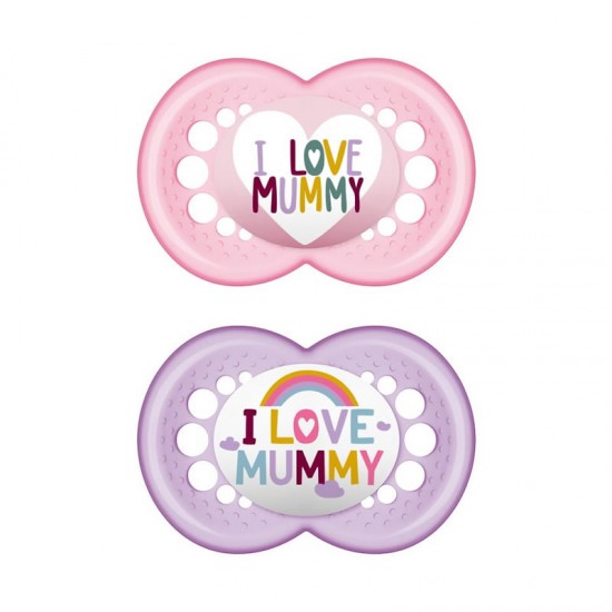 MAM Πιπίλα Σιλικόνης Original 6-16 μηνών I Love Mummy Χρώμα Ροζ 2τμχ