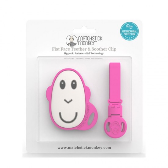 Matchstick Monkey Soother Clip & Flat Monkey Teether- Βρεφικό Σετ Κλιπ Πιπίλας & Μασητικό Μαϊμού Ροζ