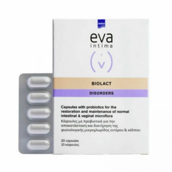Intermed Eva Intima Biolact Capsules Προβιοτικά Αποκατάστασης & Διατήρησης της Γυναικείας Εντερικής & Κολπικής Χλωρίδας 20 Κάψουλες