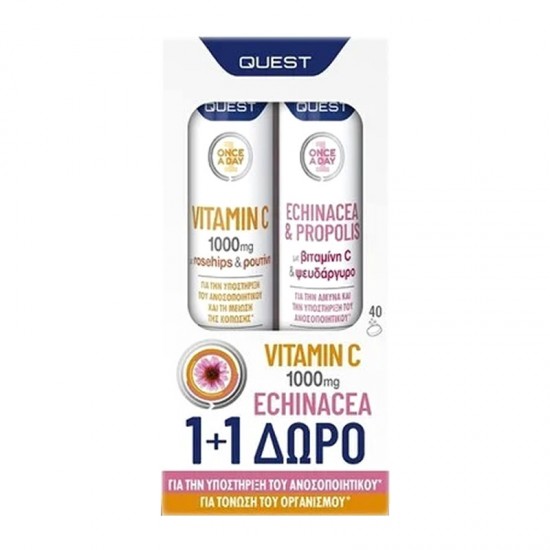 Quest 1+1 ΔΩΡΟ Βιταμίνης C 1000mg με Rosehip & Ρουτίνη + Εχινάκεια με Πρόπολη 2x20 Αναβράζοντα Δισκία