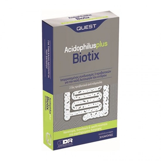 Quest Acidophilus Plus Biotix 30 Κάψουλες - Συμπλήρωμα Διατροφής με 3 Είδη Προβιοτικών για την Καλή Λειτουργία Πεπτικού & Ανοσοποιητικού Συστήματος (Διάρροια ή Δυσκοιλιότητα)